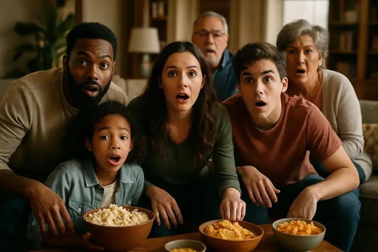 Living room screen with viewers browsing a streaming catalog
