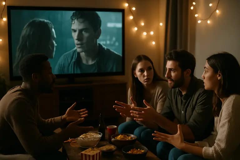 Film fans talking in a lobby after a screening