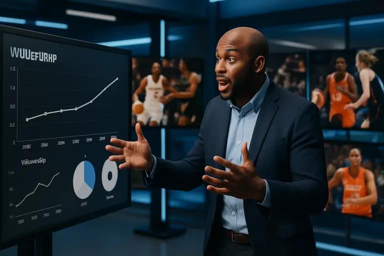 Brand planning session with charts and basketball footage on a screen