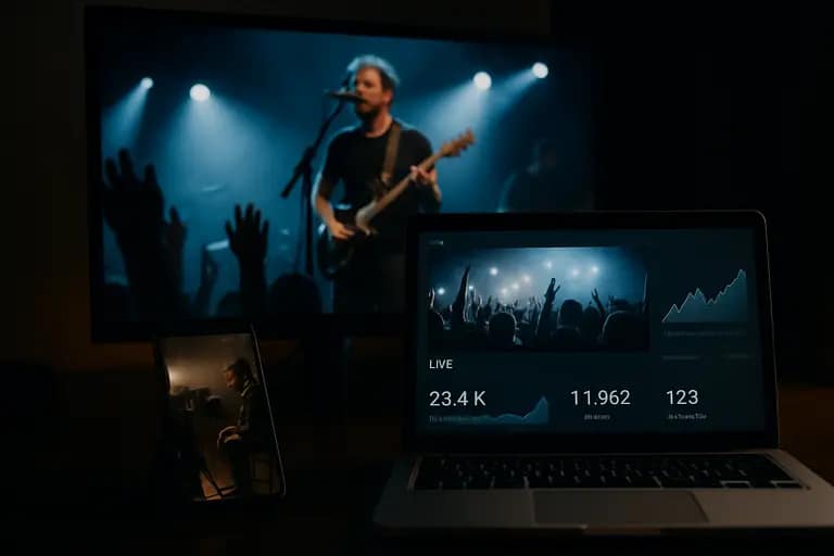 Multiple devices displaying live entertainment events in a dark room