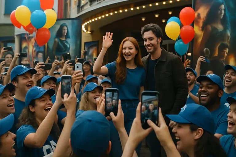 Moviegoers walking toward theater doors before an evening screening