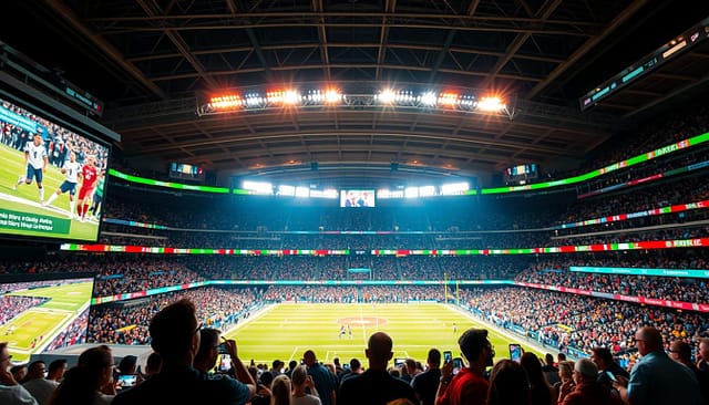 A bustling live sports event with spectators immersed in a seamless digital experience. In the foreground, large screens display real-time game action and statistics, integrating with geo-targeted advertisements tailored to the local audience. The middle ground features fans engaging with their mobile devices, accessing interactive content and special offers tied to their location. In the background, the stadium's architecture frames the scene, bathed in vibrant lighting that evokes the energy and excitement of the event. The overall atmosphere conveys the powerful synergy between the physical and digital realms, showcasing the potential of geo-targeted marketing to drive local sports event attendance. A bustling live sports event with spectators immersed in a seamless digital experience. In the foreground, large screens display real-time game action and statistics, integrating with geo-targeted advertisements tailored to the local audience. The middle ground features fans engaging with their mobile devices, accessing interactive content and special offers tied to their location. In the background, the stadium's architecture frames the scene, bathed in vibrant lighting that evokes the energy and excitement of the event. The overall atmosphere conveys the powerful synergy between the physical and digital realms, showcasing the potential of geo-targeted marketing to drive local sports event attendance.