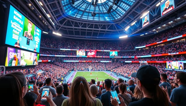 A bustling sports arena with vibrant digital screens showcasing personalized ads based on geolocation and user profiles. In the foreground, fans excitedly engage with their smartphones, their profiles analyzed to deliver targeted promotions tailored to their interests and preferences. The middle ground features a wide array of colorful, eye-catching advertisements that seamlessly integrate with the event's branding and atmosphere. In the background, the stadium's architecture and lighting create a dynamic, immersive environment that heightens the overall experience. The scene conveys the power of data-driven marketing to enhance the personalization and engagement of sports event promotions. A bustling sports arena with vibrant digital screens showcasing personalized ads based on geolocation and user profiles. In the foreground, fans excitedly engage with their smartphones, their profiles analyzed to deliver targeted promotions tailored to their interests and preferences. The middle ground features a wide array of colorful, eye-catching advertisements that seamlessly integrate with the event's branding and atmosphere. In the background, the stadium's architecture and lighting create a dynamic, immersive environment that heightens the overall experience. The scene conveys the power of data-driven marketing to enhance the personalization and engagement of sports event promotions.