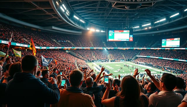 A crowded sports stadium with fans cheering and waving banners, the air buzzing with energy. In the foreground, a group of people glued to their smartphones, tapping and swiping as they engage with real-time social media updates on the game. The stadium's large video screens display live stats, highlights, and interactive polls, creating a sense of immediacy and participation. Warm, vibrant lighting casts a glow over the scene, capturing the excitement and intensity of the moment. The camera angle is slightly elevated, providing a sweeping view of the dynamic, tech-savvy crowd. A crowded sports stadium with fans cheering and waving banners, the air buzzing with energy. In the foreground, a group of people glued to their smartphones, tapping and swiping as they engage with real-time social media updates on the game. The stadium's large video screens display live stats, highlights, and interactive polls, creating a sense of immediacy and participation. Warm, vibrant lighting casts a glow over the scene, capturing the excitement and intensity of the moment. The camera angle is slightly elevated, providing a sweeping view of the dynamic, tech-savvy crowd.