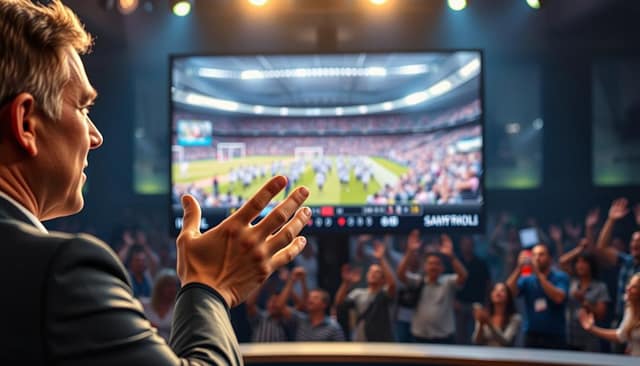 A dynamic live video stream showcasing a sports event, with a vibrant and engaging presentation. In the foreground, a presenter gestures enthusiastically, their face illuminated by soft, natural lighting. The middle ground features a large display screen displaying real-time footage of the event, with a clean, modern user interface. In the background, a blurred crowd cheers and celebrates, creating an atmosphere of energy and excitement. The overall composition conveys a sense of professionalism, interactivity, and the thrill of live sports entertainment. A dynamic live video stream showcasing a sports event, with a vibrant and engaging presentation. In the foreground, a presenter gestures enthusiastically, their face illuminated by soft, natural lighting. The middle ground features a large display screen displaying real-time footage of the event, with a clean, modern user interface. In the background, a blurred crowd cheers and celebrates, creating an atmosphere of energy and excitement. The overall composition conveys a sense of professionalism, interactivity, and the thrill of live sports entertainment.