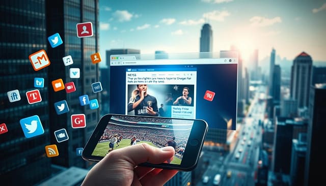 A dynamic, multi-layered scene showcasing the distribution of viral sports content. In the foreground, a smartphone screen displays an engaging highlight reel, surrounded by an array of social media icons and share buttons. The middle ground features a web browser window with a news article, its headline and visuals captivating the viewer. In the background, a cityscape with towering skyscrapers and bustling streets, symbolizing the global reach of digital sports content. Lighting is crisp and vivid, with a cinematic, energetic atmosphere. The composition emphasizes the seamless flow of viral sports highlights across various digital platforms, reflecting the "Distribution Strategies: Web, Social, Email" theme. A dynamic, multi-layered scene showcasing the distribution of viral sports content. In the foreground, a smartphone screen displays an engaging highlight reel, surrounded by an array of social media icons and share buttons. The middle ground features a web browser window with a news article, its headline and visuals captivating the viewer. In the background, a cityscape with towering skyscrapers and bustling streets, symbolizing the global reach of digital sports content. Lighting is crisp and vivid, with a cinematic, energetic atmosphere. The composition emphasizes the seamless flow of viral sports highlights across various digital platforms, reflecting the "Distribution Strategies: Web, Social, Email" theme.