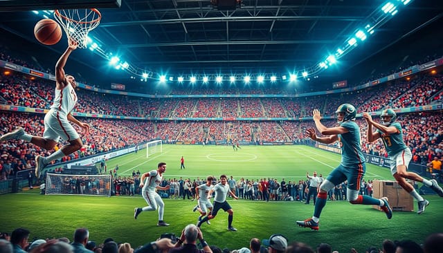 A dynamic sports arena, brightly lit with a sense of energy and excitement. The foreground features a collage of iconic sports moments - a basketball player soaring for a dunk, a soccer player scoring the winning goal, a football quarterback firing a perfect pass. In the middle ground, action shots of various athletes in motion, their movements captured with kinetic precision. The background showcases a vibrant, blurred crowd, their cheers and applause creating an electrifying atmosphere. The lighting is crisp and dramatic, accentuating the drama and intensity of the highlights. The overall composition conveys the thrill and shareability of captivating sports moments. A dynamic sports arena, brightly lit with a sense of energy and excitement. The foreground features a collage of iconic sports moments - a basketball player soaring for a dunk, a soccer player scoring the winning goal, a football quarterback firing a perfect pass. In the middle ground, action shots of various athletes in motion, their movements captured with kinetic precision. The background showcases a vibrant, blurred crowd, their cheers and applause creating an electrifying atmosphere. The lighting is crisp and dramatic, accentuating the drama and intensity of the highlights. The overall composition conveys the thrill and shareability of captivating sports moments.