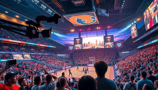 A dynamic sports arena filled with passionate fans, their cheers echoing through the air. In the foreground, a group of athletes engage in a thrilling game, their movements captured by sleek, high-speed cameras. In the middle ground, the event's sponsors are prominently displayed on large digital screens, creating a seamless integration of live action and real-time marketing. The background features a vibrant, futuristic skyline, hinting at the cutting-edge technology powering this immersive sports experience. Warm, vibrant lighting illuminates the scene, capturing the energy and excitement of the event. The overall atmosphere conveys a sense of cutting-edge, high-stakes competition, where technology and marketing converge to elevate the sports experience. A dynamic sports arena filled with passionate fans, their cheers echoing through the air. In the foreground, a group of athletes engage in a thrilling game, their movements captured by sleek, high-speed cameras. In the middle ground, the event's sponsors are prominently displayed on large digital screens, creating a seamless integration of live action and real-time marketing. The background features a vibrant, futuristic skyline, hinting at the cutting-edge technology powering this immersive sports experience. Warm, vibrant lighting illuminates the scene, capturing the energy and excitement of the event. The overall atmosphere conveys a sense of cutting-edge, high-stakes competition, where technology and marketing converge to elevate the sports experience.