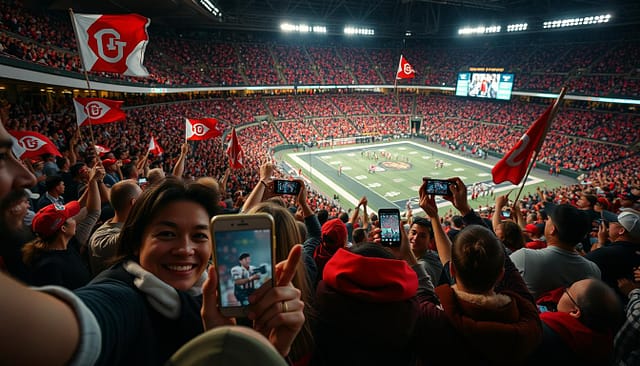 A lively sports stadium filled with enthusiastic fans waving team flags, cheering, and capturing the action on their smartphones. In the foreground, a group of friends taking a selfie, their faces lit by the warm glow of the stadium lights. In the middle ground, a fan filming a video of the game, their camera angled to capture the energy of the crowd. In the background, the team's players can be seen on the field, their movements frozen in time by the rapid shutter of the fans' cameras. The atmosphere is electric, with a sense of unity and shared passion among the spectators. The lighting is a mix of natural and artificial, creating a dynamic and cinematic effect. The camera angle is slightly elevated, offering a bird's-eye view of the scene, conveying the scale and scope of the event. A lively sports stadium filled with enthusiastic fans waving team flags, cheering, and capturing the action on their smartphones. In the foreground, a group of friends taking a selfie, their faces lit by the warm glow of the stadium lights. In the middle ground, a fan filming a video of the game, their camera angled to capture the energy of the crowd. In the background, the team's players can be seen on the field, their movements frozen in time by the rapid shutter of the fans' cameras. The atmosphere is electric, with a sense of unity and shared passion among the spectators. The lighting is a mix of natural and artificial, creating a dynamic and cinematic effect. The camera angle is slightly elevated, offering a bird's-eye view of the scene, conveying the scale and scope of the event.