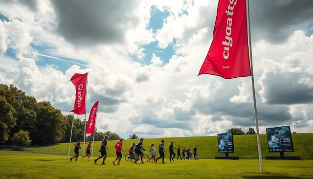 A lush, verdant field under a dramatic, cloud-swept sky. Billowing advertising banners react to the gusts of wind, their vibrant graphics and logos fluttering in the breeze. In the foreground, a group of athletes - runners, cyclists, and ball players - pause amidst their activities, their attention drawn to the dynamic geo-targeted ads displayed on digital screens embedded in the landscape. The scene evokes a sense of energy, connection, and the seamless integration of sports, technology, and location-based marketing. A lush, verdant field under a dramatic, cloud-swept sky. Billowing advertising banners react to the gusts of wind, their vibrant graphics and logos fluttering in the breeze. In the foreground, a group of athletes - runners, cyclists, and ball players - pause amidst their activities, their attention drawn to the dynamic geo-targeted ads displayed on digital screens embedded in the landscape. The scene evokes a sense of energy, connection, and the seamless integration of sports, technology, and location-based marketing.
