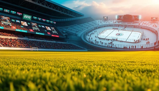 A vibrant, dynamic landscape depicting the contrast between seasonal and evergreen sports content strategies. In the foreground, a lush green field with a football stadium, representing year-round engagement. In the middle ground, a snow-covered winter scene with a hockey rink, symbolizing the cyclical nature of seasonal sports. The background features a collage of digital screens, showcasing the diverse mediums for delivering sports content. Warm, focused lighting highlights the key elements, while a cinematic, wide-angle lens captures the breadth of the scene. The overall atmosphere conveys the evolving nature of sports content marketing, balancing the permanence of evergreen strategies with the excitement of seasonal events. A vibrant, dynamic landscape depicting the contrast between seasonal and evergreen sports content strategies. In the foreground, a lush green field with a football stadium, representing year-round engagement. In the middle ground, a snow-covered winter scene with a hockey rink, symbolizing the cyclical nature of seasonal sports. The background features a collage of digital screens, showcasing the diverse mediums for delivering sports content. Warm, focused lighting highlights the key elements, while a cinematic, wide-angle lens captures the breadth of the scene. The overall atmosphere conveys the evolving nature of sports content marketing, balancing the permanence of evergreen strategies with the excitement of seasonal events.