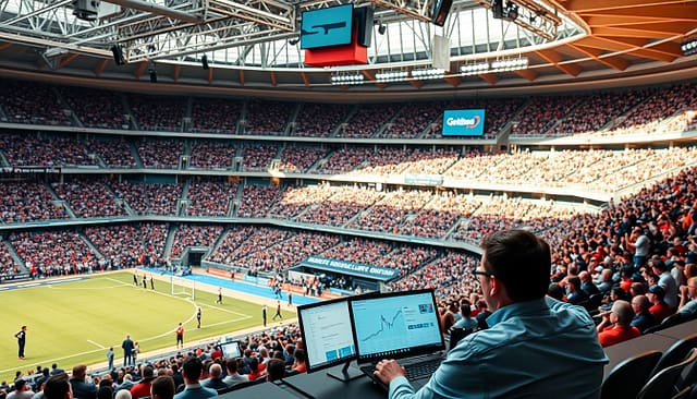 A vibrant sports arena, filled with spectators and athletes engaged in a dynamic competition. In the foreground, a computer screen displays search engine optimization metrics and analytics, highlighting the importance of digital content during a major event. The middle ground features a team of event coordinators strategizing and adjusting their online presence, utilizing tools and dashboards to maximize visibility and engagement. The background showcases the grandstand, with spectators cheering and the event's branding prominently displayed. Warm, natural lighting casts a sense of energy and excitement, capturing the essence of both the physical and digital aspects of the sports event. A vibrant sports arena, filled with spectators and athletes engaged in a dynamic competition. In the foreground, a computer screen displays search engine optimization metrics and analytics, highlighting the importance of digital content during a major event. The middle ground features a team of event coordinators strategizing and adjusting their online presence, utilizing tools and dashboards to maximize visibility and engagement. The background showcases the grandstand, with spectators cheering and the event's branding prominently displayed. Warm, natural lighting casts a sense of energy and excitement, capturing the essence of both the physical and digital aspects of the sports event.