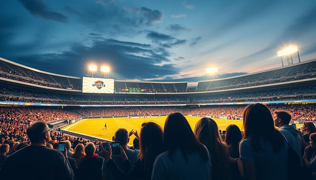 A vibrant sports stadium at dusk, the field illuminated by bright floodlights casting dramatic shadows. In the foreground, a sports hashtag strategy is displayed on a large LED screen, the text crisp and legible. The middle ground features a group of passionate fans energetically sharing the hashtag on their mobile devices, their expressions animated and engaged. In the background, the stadium's iconic architecture and cheering crowds create a lively, energetic atmosphere. The lighting is cinematic, with warm tones and deep shadows, capturing the excitement and momentum of game day. A vibrant sports stadium at dusk, the field illuminated by bright floodlights casting dramatic shadows. In the foreground, a sports hashtag strategy is displayed on a large LED screen, the text crisp and legible. The middle ground features a group of passionate fans energetically sharing the hashtag on their mobile devices, their expressions animated and engaged. In the background, the stadium's iconic architecture and cheering crowds create a lively, energetic atmosphere. The lighting is cinematic, with warm tones and deep shadows, capturing the excitement and momentum of game day.