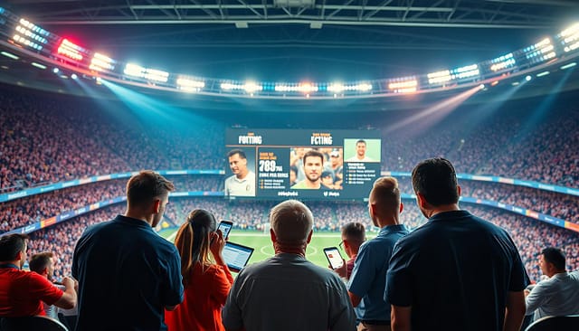 A vibrant sports stadium backdrop, with dynamic lighting and camera flashes capturing the excitement of a live game. In the foreground, a group of social media influencers and marketing professionals engage with their phones, laptops, and digital devices, strategizing real-time content and fan engagement tactics. The middle ground features a large video display showcasing live streaming statistics, audience metrics, and trending hashtags. The scene is composed with a cinematic, high-energy atmosphere, reflecting the fast-paced nature of modern sports marketing and the importance of live, digital experiences for fan communities. A vibrant sports stadium backdrop, with dynamic lighting and camera flashes capturing the excitement of a live game. In the foreground, a group of social media influencers and marketing professionals engage with their phones, laptops, and digital devices, strategizing real-time content and fan engagement tactics. The middle ground features a large video display showcasing live streaming statistics, audience metrics, and trending hashtags. The scene is composed with a cinematic, high-energy atmosphere, reflecting the fast-paced nature of modern sports marketing and the importance of live, digital experiences for fan communities.
