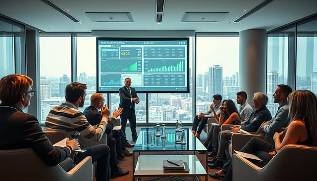 A well-lit modern conference room, with a large projection screen displaying real-time sports data and analytics. In the foreground, a team of marketing professionals intently studying the metrics, gesturing animatedly as they discuss their findings. The middle ground features sleek, contemporary furniture and a diverse group of attendees taking notes, leaning in with intense focus. The background showcases floor-to-ceiling windows, offering a panoramic view of a bustling city skyline. The lighting is warm and professional, creating a sense of productivity and collaboration. The overall atmosphere conveys the successful culmination of a strategic live sports marketing campaign. A well-lit modern conference room, with a large projection screen displaying real-time sports data and analytics. In the foreground, a team of marketing professionals intently studying the metrics, gesturing animatedly as they discuss their findings. The middle ground features sleek, contemporary furniture and a diverse group of attendees taking notes, leaning in with intense focus. The background showcases floor-to-ceiling windows, offering a panoramic view of a bustling city skyline. The lighting is warm and professional, creating a sense of productivity and collaboration. The overall atmosphere conveys the successful culmination of a strategic live sports marketing campaign.
