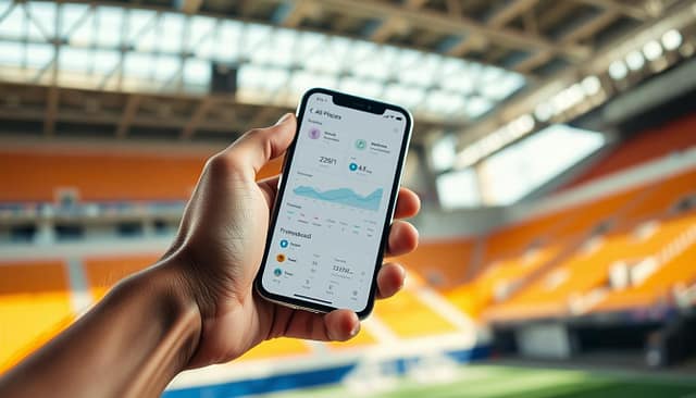 Athlete branding digital strategy: A close-up shot of a professional athlete's hand, holding a modern smartphone displaying a sleek, minimalist digital dashboard. The foreground is sharply in focus, showcasing the athlete's grip and the screen's clean, data-driven design. The background is softly blurred, conveying a sense of motion and energy, with glimpses of a dynamic sports arena or training facility. The lighting is natural and directional, casting subtle shadows that add depth and dimension to the scene. The overall mood is one of purpose, innovation, and the integration of athletics and technology. Athlete branding digital strategy: A close-up shot of a professional athlete's hand, holding a modern smartphone displaying a sleek, minimalist digital dashboard. The foreground is sharply in focus, showcasing the athlete's grip and the screen's clean, data-driven design. The background is softly blurred, conveying a sense of motion and energy, with glimpses of a dynamic sports arena or training facility. The lighting is natural and directional, casting subtle shadows that add depth and dimension to the scene. The overall mood is one of purpose, innovation, and the integration of athletics and technology.
