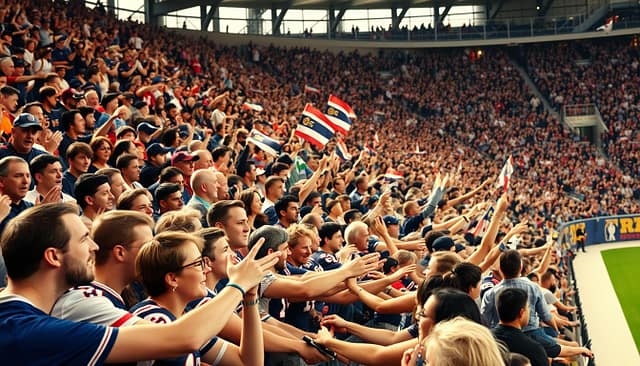 A bustling sports arena filled with cheering fans, their faces alight with excitement. In the foreground, a group of spectators eagerly interacting with players, high-fiving and exchanging autographs. The middle ground showcases fans waving team flags, their expressions rapt as they follow the action on the field. In the background, a sea of people, their diverse attire and body language capturing the infectious energy of the live event. Soft, warm lighting bathes the scene, accentuating the vibrant colors and creating a sense of intimacy and connection between the fans and the game. The image conveys the palpable enthusiasm and camaraderie that defines the live sports experience. A bustling sports arena filled with cheering fans, their faces alight with excitement. In the foreground, a group of spectators eagerly interacting with players, high-fiving and exchanging autographs. The middle ground showcases fans waving team flags, their expressions rapt as they follow the action on the field. In the background, a sea of people, their diverse attire and body language capturing the infectious energy of the live event. Soft, warm lighting bathes the scene, accentuating the vibrant colors and creating a sense of intimacy and connection between the fans and the game. The image conveys the palpable enthusiasm and camaraderie that defines the live sports experience.