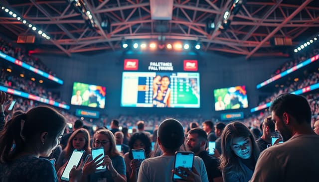A bustling sports arena, with fans eagerly engaging in a live polling session on their mobile devices. In the foreground, a group of enthusiastic spectators, their faces illuminated by the glow of their screens, as they cast their votes on the latest matchup. The middle ground showcases the large video screens displaying real-time polling results, adding to the excitement and anticipation. In the background, the stadium's architecture stands tall, its modern design and bright lighting creating a dynamic and immersive atmosphere. Warm, vibrant tones and a sense of energy and engagement permeate the scene, capturing the essence of live interactions and fan involvement in the sports experience. A bustling sports arena, with fans eagerly engaging in a live polling session on their mobile devices. In the foreground, a group of enthusiastic spectators, their faces illuminated by the glow of their screens, as they cast their votes on the latest matchup. The middle ground showcases the large video screens displaying real-time polling results, adding to the excitement and anticipation. In the background, the stadium's architecture stands tall, its modern design and bright lighting creating a dynamic and immersive atmosphere. Warm, vibrant tones and a sense of energy and engagement permeate the scene, capturing the essence of live interactions and fan involvement in the sports experience.