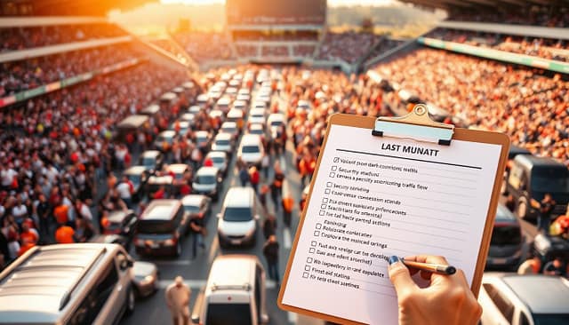 A bustling stadium parking lot on game day, with rows of vehicles and swarms of fans eagerly making their way to the entrance. In the foreground, a clipboard clutched by an event coordinator, their checklist detailing last-minute preparations - security checkpoints, traffic flow, concession stands, and first aid stations. The midground captures the chaos of the scene, with volunteers directing the crowd and signage guiding the way. Subtle backlighting casts a warm, energetic glow over the entire composition, conveying the excitement and anticipation of a major sports event about to commence. A bustling stadium parking lot on game day, with rows of vehicles and swarms of fans eagerly making their way to the entrance. In the foreground, a clipboard clutched by an event coordinator, their checklist detailing last-minute preparations - security checkpoints, traffic flow, concession stands, and first aid stations. The midground captures the chaos of the scene, with volunteers directing the crowd and signage guiding the way. Subtle backlighting casts a warm, energetic glow over the entire composition, conveying the excitement and anticipation of a major sports event about to commence.