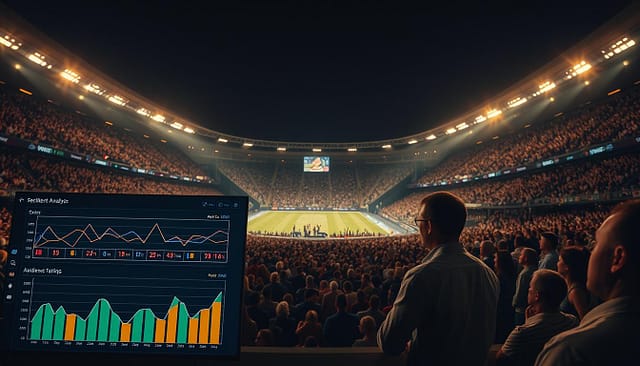 A dimly lit sports stadium, the crowd's energy palpable. In the foreground, a data visualization dashboard displays real-time audience sentiment analysis, with line graphs, pie charts, and color-coded metrics reflecting the crowd's emotional reactions. The middle ground features a group of analysts intently studying the data, their expressions a mix of concentration and excitement. In the background, the expansive stadium seating is filled with cheering fans, their faces alight with enthusiasm. Cinematic lighting casts dramatic shadows, creating a sense of depth and atmosphere. The overall scene conveys the power of data-driven insights to measure the success of interactive sports campaigns. A dimly lit sports stadium, the crowd's energy palpable. In the foreground, a data visualization dashboard displays real-time audience sentiment analysis, with line graphs, pie charts, and color-coded metrics reflecting the crowd's emotional reactions. The middle ground features a group of analysts intently studying the data, their expressions a mix of concentration and excitement. In the background, the expansive stadium seating is filled with cheering fans, their faces alight with enthusiasm. Cinematic lighting casts dramatic shadows, creating a sense of depth and atmosphere. The overall scene conveys the power of data-driven insights to measure the success of interactive sports campaigns.