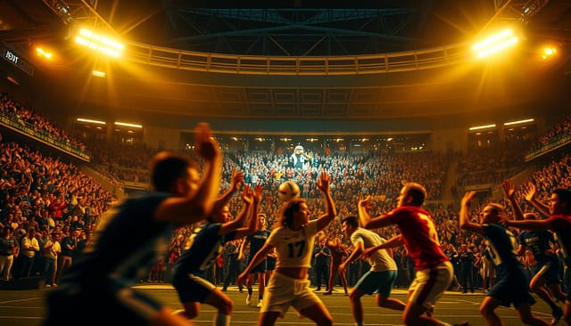 A lively sports arena at the peak of a thrilling game, captured through the lens of a professional cinematographer. In the foreground, players engage in a intense, high-speed action, their movements frozen in time by a fast shutter speed. The middle ground showcases the roaring crowd, their faces alight with excitement, hands raised in celebration. In the background, the stadium's architecture looms, casting dramatic shadows and creating a dynamic, cinematic atmosphere. Warm, golden lighting illuminates the scene, accentuating the energy and drama of the moment. This image conveys the electricity of a live sports event, ready to immerse the viewer in the heart of the action. A lively sports arena at the peak of a thrilling game, captured through the lens of a professional cinematographer. In the foreground, players engage in a intense, high-speed action, their movements frozen in time by a fast shutter speed. The middle ground showcases the roaring crowd, their faces alight with excitement, hands raised in celebration. In the background, the stadium's architecture looms, casting dramatic shadows and creating a dynamic, cinematic atmosphere. Warm, golden lighting illuminates the scene, accentuating the energy and drama of the moment. This image conveys the electricity of a live sports event, ready to immerse the viewer in the heart of the action.