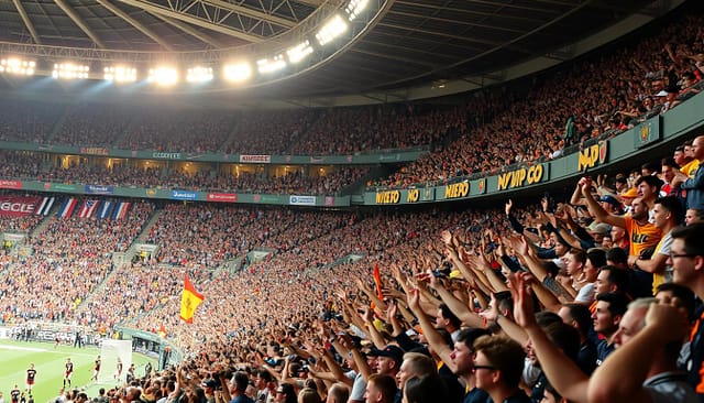 A packed stadium filled with cheering fans, the energy palpable as they watch the athletes compete on the field. Colorful team banners and flags wave in the air, while the roar of the crowd echoes through the stands. Overhead, spotlights cast a warm glow, illuminating the intense action unfolding below. The camera captures the drama from a wide angle, showcasing the scale and immersion of the experience. Fans leap to their feet, faces alight with excitement, fully invested in the outcome of the game. The sense of community and shared passion is palpable, creating an unforgettable atmosphere for all in attendance. A packed stadium filled with cheering fans, the energy palpable as they watch the athletes compete on the field. Colorful team banners and flags wave in the air, while the roar of the crowd echoes through the stands. Overhead, spotlights cast a warm glow, illuminating the intense action unfolding below. The camera captures the drama from a wide angle, showcasing the scale and immersion of the experience. Fans leap to their feet, faces alight with excitement, fully invested in the outcome of the game. The sense of community and shared passion is palpable, creating an unforgettable atmosphere for all in attendance.