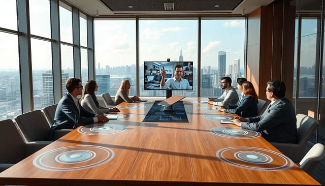 A serene, modern conference room with large windows overlooking a bustling cityscape. In the foreground, a group of professionals engaged in a hybrid meeting, some seated around a sleek, wooden table while others join virtually via holographic projections. The lighting is soft and natural, creating a warm, collaborative atmosphere. The middle ground features interactive touchscreens and digital whiteboards, facilitating real-time information sharing and ideation. In the background, the city skyline is visible, suggesting a dynamic, connected world. The overall scene conveys a sense of innovative, efficient, and inclusive hybrid event engagement strategies. A serene, modern conference room with large windows overlooking a bustling cityscape. In the foreground, a group of professionals engaged in a hybrid meeting, some seated around a sleek, wooden table while others join virtually via holographic projections. The lighting is soft and natural, creating a warm, collaborative atmosphere. The middle ground features interactive touchscreens and digital whiteboards, facilitating real-time information sharing and ideation. In the background, the city skyline is visible, suggesting a dynamic, connected world. The overall scene conveys a sense of innovative, efficient, and inclusive hybrid event engagement strategies.