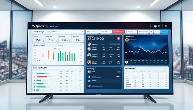 A sleek and modern sports event dashboard displayed on a large high-resolution monitor. The dashboard features a clean, minimalist design with intuitive data visualizations and interactive elements. The foreground showcases an array of statistics, rankings, and real-time updates on local sports events and tournaments. The middle ground depicts a responsive interface with customizable filters and drill-down capabilities, allowing users to track performance metrics and audience engagement. The background sets the scene with a subtle gradient or blurred cityscape, conveying a sense of professionalism and high-tech sophistication. The overall lighting is bright, with a balance of directional and ambient illumination to ensure clarity and legibility of the dashboard content. The camera angle is slightly elevated, providing an immersive and comprehensive view of the dashboard interface. A sleek and modern sports event dashboard displayed on a large high-resolution monitor. The dashboard features a clean, minimalist design with intuitive data visualizations and interactive elements. The foreground showcases an array of statistics, rankings, and real-time updates on local sports events and tournaments. The middle ground depicts a responsive interface with customizable filters and drill-down capabilities, allowing users to track performance metrics and audience engagement. The background sets the scene with a subtle gradient or blurred cityscape, conveying a sense of professionalism and high-tech sophistication. The overall lighting is bright, with a balance of directional and ambient illumination to ensure clarity and legibility of the dashboard content. The camera angle is slightly elevated, providing an immersive and comprehensive view of the dashboard interface.