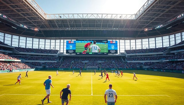 A sports stadium flooded with natural light, the field a lush green expanse. In the foreground, a group of athletes engaged in various sporting activities, their movements captured with a crisp, high-resolution lens. The middle ground features a large digital scoreboard displaying real-time statistics and event information, while the background showcases the stadium's impressive architecture and enthusiastic spectators. The overall scene conveys a sense of energy, competition, and the underlying importance of optimizing the digital presence of this sports event for maximum online visibility and engagement. A sports stadium flooded with natural light, the field a lush green expanse. In the foreground, a group of athletes engaged in various sporting activities, their movements captured with a crisp, high-resolution lens. The middle ground features a large digital scoreboard displaying real-time statistics and event information, while the background showcases the stadium's impressive architecture and enthusiastic spectators. The overall scene conveys a sense of energy, competition, and the underlying importance of optimizing the digital presence of this sports event for maximum online visibility and engagement.