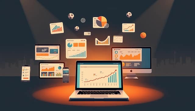 A stylized illustration showcasing an array of sports-focused keyword research tools and methods. In the foreground, a sleek laptop displays various analytical dashboards and data visualizations. Surrounding it, a collection of digital devices, including a smartphone, tablet, and desktop computer, each running specialized SEO and marketing software. In the middle ground, colorful charts, graphs, and keyword ranking reports float in a minimalist, high-contrast environment, illuminated by warm, directional lighting. In the background, a subtle cityscape fades into the distance, hinting at the wider business landscape in which these tools are applied. The overall mood is one of efficiency, insight, and strategic planning for sports-related content and campaigns. A stylized illustration showcasing an array of sports-focused keyword research tools and methods. In the foreground, a sleek laptop displays various analytical dashboards and data visualizations. Surrounding it, a collection of digital devices, including a smartphone, tablet, and desktop computer, each running specialized SEO and marketing software. In the middle ground, colorful charts, graphs, and keyword ranking reports float in a minimalist, high-contrast environment, illuminated by warm, directional lighting. In the background, a subtle cityscape fades into the distance, hinting at the wider business landscape in which these tools are applied. The overall mood is one of efficiency, insight, and strategic planning for sports-related content and campaigns.