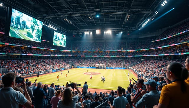 A bustling sports arena, filled with energy and real-time feedback. In the foreground, athletes compete on a well-lit field, their movements captured by high-speed cameras and broadcast to large screens overhead. The middle ground showcases fans in the stands, their faces animated with excitement as they cheer and interact with the digital displays, providing instant reactions and commentary. In the background, a network of cameras and sensors seamlessly blend the live and remote experiences, syncing the sights and sounds to create a cohesive, immersive atmosphere. Dramatic lighting and a sense of anticipation permeate the scene, reflecting the thrill of a hybrid sports event where both physical and digital worlds converge. A bustling sports arena, filled with energy and real-time feedback. In the foreground, athletes compete on a well-lit field, their movements captured by high-speed cameras and broadcast to large screens overhead. The middle ground showcases fans in the stands, their faces animated with excitement as they cheer and interact with the digital displays, providing instant reactions and commentary. In the background, a network of cameras and sensors seamlessly blend the live and remote experiences, syncing the sights and sounds to create a cohesive, immersive atmosphere. Dramatic lighting and a sense of anticipation permeate the scene, reflecting the thrill of a hybrid sports event where both physical and digital worlds converge.