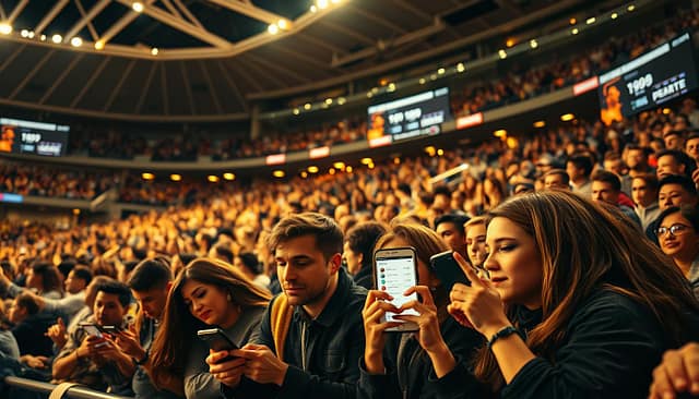 A busy sports stadium filled with a diverse audience, their expressions and body language conveying a range of sentiments - excitement, anticipation, contemplation. The crowd is bathed in warm, golden lighting, creating a vibrant, immersive atmosphere. In the foreground, a group of fans lean forward, engrossed in a live poll displayed on their smartphones, their faces a mix of concentration and engagement. The middle ground showcases the broader audience, some cheering, others deep in discussion, all contributing to the dynamic energy of the event. The background features the stadium's architecture, with sleek, modern lines and large video screens displaying real-time data and analytics. The overall composition captures the essence of audience sentiment analysis at a lively sports event. A busy sports stadium filled with a diverse audience, their expressions and body language conveying a range of sentiments - excitement, anticipation, contemplation. The crowd is bathed in warm, golden lighting, creating a vibrant, immersive atmosphere. In the foreground, a group of fans lean forward, engrossed in a live poll displayed on their smartphones, their faces a mix of concentration and engagement. The middle ground showcases the broader audience, some cheering, others deep in discussion, all contributing to the dynamic energy of the event. The background features the stadium's architecture, with sleek, modern lines and large video screens displaying real-time data and analytics. The overall composition captures the essence of audience sentiment analysis at a lively sports event.