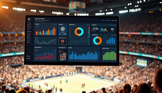A data-rich analytics dashboard displayed on a large, high-resolution touchscreen monitor. The foreground features sleek, intuitive visualizations tracking real-time polling data from spectators at a lively sporting event - interactive graphs, pie charts, and leaderboards showcasing audience sentiment, predictions, and engagement. The middle ground depicts the event venue itself, with a dynamic crowd of fans visible through the dashboard's transparent interface. The background is softly blurred, hinting at the energy and excitement of the game unfolding beyond. Warm, focused lighting illuminates the dashboard, creating a sense of immediacy and importance. The overall mood is one of cutting-edge technology seamlessly enhancing the fan experience. A data-rich analytics dashboard displayed on a large, high-resolution touchscreen monitor. The foreground features sleek, intuitive visualizations tracking real-time polling data from spectators at a lively sporting event - interactive graphs, pie charts, and leaderboards showcasing audience sentiment, predictions, and engagement. The middle ground depicts the event venue itself, with a dynamic crowd of fans visible through the dashboard's transparent interface. The background is softly blurred, hinting at the energy and excitement of the game unfolding beyond. Warm, focused lighting illuminates the dashboard, creating a sense of immediacy and importance. The overall mood is one of cutting-edge technology seamlessly enhancing the fan experience.