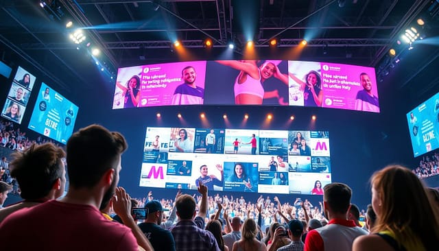 A dynamic sports event with interactive digital campaigns at the center. A large display showcases real-time social media feeds, integrating audience participation. In the foreground, athletes and influencers engage with the crowd, encouraging them to share content and join challenges. The lighting is bright and energetic, highlighting the vibrant atmosphere. The camera angle is slightly elevated, capturing the scope of the event while maintaining an intimate feel. The overall mood is lively, immersive, and encourages active audience involvement. A dynamic sports event with interactive digital campaigns at the center. A large display showcases real-time social media feeds, integrating audience participation. In the foreground, athletes and influencers engage with the crowd, encouraging them to share content and join challenges. The lighting is bright and energetic, highlighting the vibrant atmosphere. The camera angle is slightly elevated, capturing the scope of the event while maintaining an intimate feel. The overall mood is lively, immersive, and encourages active audience involvement.