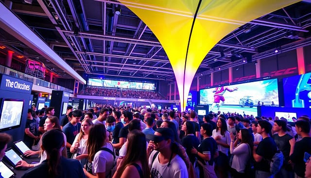 A lively, energetic scene of an immersive event experience. In the foreground, a group of enthusiastic attendees interacting with interactive displays and virtual reality setups, their faces lit by the glow of screens. In the middle ground, influencers and brand representatives engaging with the crowd, capturing content for social media. The background features a expansive, visually striking venue with high ceilings, colorful lighting, and dynamic architectural elements that create a sense of scale and excitement. The overall atmosphere conveys a high-energy, tech-savvy, and visually captivating event that would appeal to a sports-focused audience. A lively, energetic scene of an immersive event experience. In the foreground, a group of enthusiastic attendees interacting with interactive displays and virtual reality setups, their faces lit by the glow of screens. In the middle ground, influencers and brand representatives engaging with the crowd, capturing content for social media. The background features a expansive, visually striking venue with high ceilings, colorful lighting, and dynamic architectural elements that create a sense of scale and excitement. The overall atmosphere conveys a high-energy, tech-savvy, and visually captivating event that would appeal to a sports-focused audience.