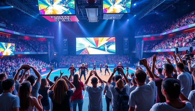 A lively sports arena comes to life, filled with excited fans and athletes engaged in a range of immersive gamification activities. In the foreground, a group of fans participate in an interactive game, their movements tracked by motion sensors and displayed on a large digital scoreboard. In the middle ground, players from opposing teams compete in a virtual reality obstacle course, their real-time performance and scores projected onto the arena walls. In the background, a vibrant light show and dynamic sound system create an electrifying atmosphere, seamlessly blending the physical and digital realms to deliver an unforgettable, gamified sports experience. A lively sports arena comes to life, filled with excited fans and athletes engaged in a range of immersive gamification activities. In the foreground, a group of fans participate in an interactive game, their movements tracked by motion sensors and displayed on a large digital scoreboard. In the middle ground, players from opposing teams compete in a virtual reality obstacle course, their real-time performance and scores projected onto the arena walls. In the background, a vibrant light show and dynamic sound system create an electrifying atmosphere, seamlessly blending the physical and digital realms to deliver an unforgettable, gamified sports experience.
