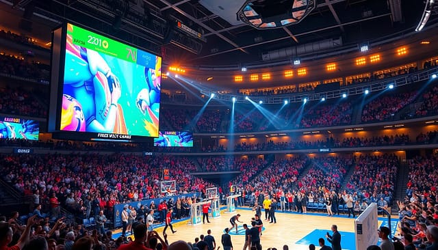 A lively sports arena filled with engaged spectators, the atmosphere electric with interactive gamification. In the foreground, a giant interactive scoreboard dominates the scene, its vibrant colors and dynamic visuals captivating the crowd. In the middle ground, fans enthusiastically participate in games and challenges, their movements tracked by motion-sensing cameras. The background features sleek, futuristic lighting rigs casting a warm glow over the entire event, complemented by the cheer of the audience. The overall impression is one of seamless integration between live sports and cutting-edge interactive technology, creating an immersive and unforgettable experience for all in attendance. A lively sports arena filled with engaged spectators, the atmosphere electric with interactive gamification. In the foreground, a giant interactive scoreboard dominates the scene, its vibrant colors and dynamic visuals captivating the crowd. In the middle ground, fans enthusiastically participate in games and challenges, their movements tracked by motion-sensing cameras. The background features sleek, futuristic lighting rigs casting a warm glow over the entire event, complemented by the cheer of the audience. The overall impression is one of seamless integration between live sports and cutting-edge interactive technology, creating an immersive and unforgettable experience for all in attendance.