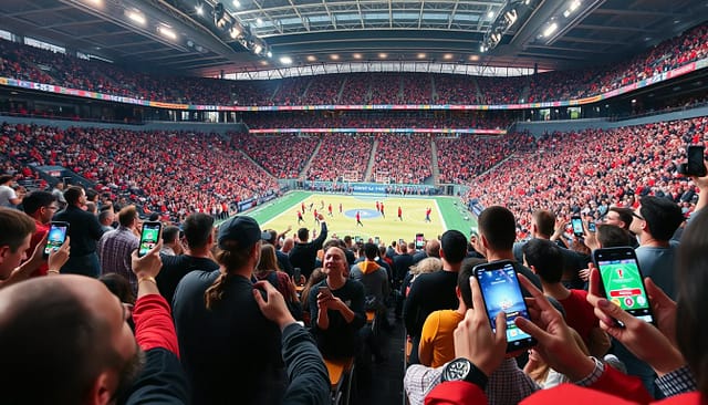 A lively sports arena filled with enthusiastic fans, the atmosphere electric with the thrill of the game. In the foreground, spectators eagerly engage with their mobile devices, tapping and swiping through a gamified app interface. Vibrant visuals, interactive challenges, and real-time score updates draw the crowd into the experience, blurring the line between passive observation and active participation. The middle ground showcases athletes in mid-motion, their dynamic movements captured through a cinematic lens. In the background, the stadium's modern architecture and bright, natural lighting create a sense of energy and excitement. The overall scene conveys the seamless integration of technology and sports, where fan engagement is elevated through innovative, game-like features. A lively sports arena filled with enthusiastic fans, the atmosphere electric with the thrill of the game. In the foreground, spectators eagerly engage with their mobile devices, tapping and swiping through a gamified app interface. Vibrant visuals, interactive challenges, and real-time score updates draw the crowd into the experience, blurring the line between passive observation and active participation. The middle ground showcases athletes in mid-motion, their dynamic movements captured through a cinematic lens. In the background, the stadium's modern architecture and bright, natural lighting create a sense of energy and excitement. The overall scene conveys the seamless integration of technology and sports, where fan engagement is elevated through innovative, game-like features.