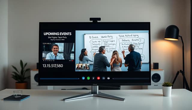 A neatly organized virtual watch party planning session, with a large monitor displaying upcoming event details in the foreground. In the middle ground, a team of remote collaborators brainstorm on a virtual whiteboard, their thoughtful expressions captured by a high-resolution webcam. The background features a sleek, minimalist home office setup, with subtle mood lighting and tasteful decor, creating a professional yet inviting atmosphere conducive to productive planning. A neatly organized virtual watch party planning session, with a large monitor displaying upcoming event details in the foreground. In the middle ground, a team of remote collaborators brainstorm on a virtual whiteboard, their thoughtful expressions captured by a high-resolution webcam. The background features a sleek, minimalist home office setup, with subtle mood lighting and tasteful decor, creating a professional yet inviting atmosphere conducive to productive planning.