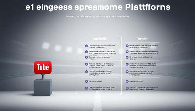 A sleek, modern comparison of leading sports streaming platforms, showcased in a stylish infographic layout. In the foreground, three distinct platform icons - YouTube, Facebook, and Twitch - stand out against a minimalist background. The middle ground features concise, informative statistics and key features for each platform, presented in a clean, data-driven manner. The background subtly incorporates sports-themed elements, such as dynamic motion lines and muted stadium imagery, creating an immersive, professional atmosphere. Soft, directional lighting accentuates the crisp, high-contrast visuals, resulting in a visually striking, yet informative illustration to complement the article's section on platform pros and cons. A sleek, modern comparison of leading sports streaming platforms, showcased in a stylish infographic layout. In the foreground, three distinct platform icons - YouTube, Facebook, and Twitch - stand out against a minimalist background. The middle ground features concise, informative statistics and key features for each platform, presented in a clean, data-driven manner. The background subtly incorporates sports-themed elements, such as dynamic motion lines and muted stadium imagery, creating an immersive, professional atmosphere. Soft, directional lighting accentuates the crisp, high-contrast visuals, resulting in a visually striking, yet informative illustration to complement the article's section on platform pros and cons.