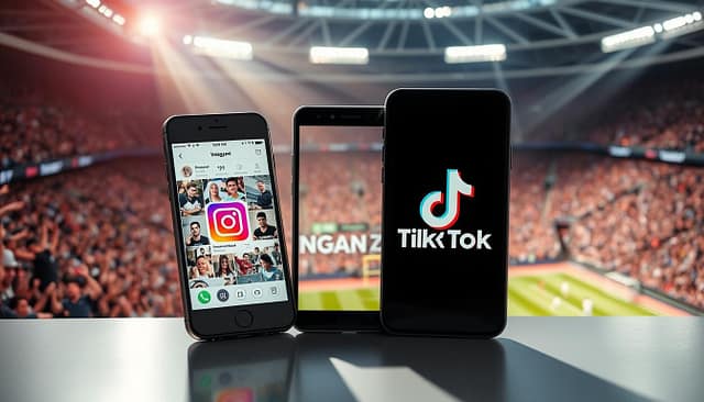 A stylish mobile app comparison scene set against a dynamic sports event backdrop. In the foreground, sleek smartphones display various social media platforms - Instagram, Twitter, and TikTok - showcasing their unique features and capabilities. The middle ground captures the energy of the stadium, with cheering fans and athletes in action. Dramatic lighting casts dramatic shadows, creating a sense of movement and intensity. The background is a blurred panorama of the crowded sports arena, emphasizing the platform's ability to connect fans and athletes in real-time. The overall composition conveys the power of social media to enhance the sports event experience. A stylish mobile app comparison scene set against a dynamic sports event backdrop. In the foreground, sleek smartphones display various social media platforms - Instagram, Twitter, and TikTok - showcasing their unique features and capabilities. The middle ground captures the energy of the stadium, with cheering fans and athletes in action. Dramatic lighting casts dramatic shadows, creating a sense of movement and intensity. The background is a blurred panorama of the crowded sports arena, emphasizing the platform's ability to connect fans and athletes in real-time. The overall composition conveys the power of social media to enhance the sports event experience.