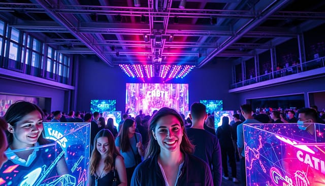 A vibrant, immersive event experience unfolds before us. In the foreground, a group of attendees are fully engaged, their faces alight with excitement as they interact with dynamic, holographic displays. The middle ground showcases a sleek, futuristic stage, bathed in an array of captivating, multicolored lighting that casts an enchanting glow. In the background, the event space is expansive, with high ceilings and large windows that allow natural light to filter in, creating a sense of openness and grandeur. The overall atmosphere is one of wonder, innovation, and a deep connection between the audience and the captivating technological elements that surround them. A vibrant, immersive event experience unfolds before us. In the foreground, a group of attendees are fully engaged, their faces alight with excitement as they interact with dynamic, holographic displays. The middle ground showcases a sleek, futuristic stage, bathed in an array of captivating, multicolored lighting that casts an enchanting glow. In the background, the event space is expansive, with high ceilings and large windows that allow natural light to filter in, creating a sense of openness and grandeur. The overall atmosphere is one of wonder, innovation, and a deep connection between the audience and the captivating technological elements that surround them.