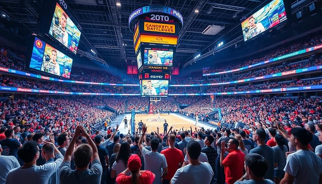 A vibrant sports arena buzzing with energy, as spectators engage with interactive game elements seamlessly integrated throughout the venue. In the foreground, fans excitedly compete in real-time challenges, their movements and responses triggering dynamic visuals and lighting on the large digital screens above. In the middle ground, coaches and athletes collaborate with event organizers, strategizing ways to further incentivize audience participation through personalized rewards and leaderboards. The background showcases the arena's state-of-the-art technology, from motion-tracking cameras to responsive signage, all working in harmony to create an immersive, gamified experience that enhances the thrill of the live event. A vibrant sports arena buzzing with energy, as spectators engage with interactive game elements seamlessly integrated throughout the venue. In the foreground, fans excitedly compete in real-time challenges, their movements and responses triggering dynamic visuals and lighting on the large digital screens above. In the middle ground, coaches and athletes collaborate with event organizers, strategizing ways to further incentivize audience participation through personalized rewards and leaderboards. The background showcases the arena's state-of-the-art technology, from motion-tracking cameras to responsive signage, all working in harmony to create an immersive, gamified experience that enhances the thrill of the live event.