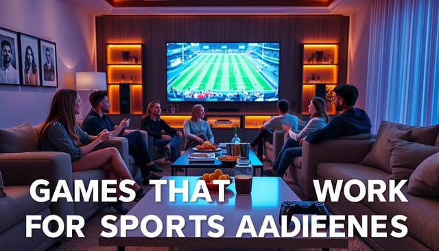 A well-lit virtual watch party setup with friends gathered around a large, high-definition display screen. The foreground shows a modern, minimalist coffee table with game controllers, snacks, and beverages. In the middle ground, comfortable sofas and armchairs create a cozy, social atmosphere. The background features a sleek, tech-savvy home entertainment system with ambient lighting, creating an immersive, cinematic experience. The scene conveys a sense of camaraderie, excitement, and shared enjoyment of the sports event, perfectly reflecting the "Games that Work for Sports Audiences" theme. A well-lit virtual watch party setup with friends gathered around a large, high-definition display screen. The foreground shows a modern, minimalist coffee table with game controllers, snacks, and beverages. In the middle ground, comfortable sofas and armchairs create a cozy, social atmosphere. The background features a sleek, tech-savvy home entertainment system with ambient lighting, creating an immersive, cinematic experience. The scene conveys a sense of camaraderie, excitement, and shared enjoyment of the sports event, perfectly reflecting the "Games that Work for Sports Audiences" theme.