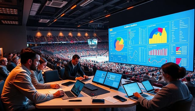 A busy office setting with a large digital display showcasing sports audience analytics. In the foreground, a team of analysts poring over charts and graphs, their expressions focused and determined. The middle ground features a sleek, modern desk setup with laptops, tablets, and a central control panel. The background is a panoramic view of a bustling sports arena, with the audience segmentation data projected onto a massive screen. Warm, directional lighting from above casts a professional, data-driven atmosphere. The scene conveys the power of audience segmentation to drive ROI in sports promotions, with the analysts' attention fixed on optimizing every aspect of the fan experience. A busy office setting with a large digital display showcasing sports audience analytics. In the foreground, a team of analysts poring over charts and graphs, their expressions focused and determined. The middle ground features a sleek, modern desk setup with laptops, tablets, and a central control panel. The background is a panoramic view of a bustling sports arena, with the audience segmentation data projected onto a massive screen. Warm, directional lighting from above casts a professional, data-driven atmosphere. The scene conveys the power of audience segmentation to drive ROI in sports promotions, with the analysts' attention fixed on optimizing every aspect of the fan experience.
