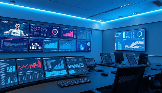 A data-driven control room showcasing sports analytics tools. In the foreground, a sleek dashboard displays real-time player statistics, team performance metrics, and audience engagement data. The middle ground features multiple high-resolution displays providing in-depth visualizations and predictive analytics. In the background, a large wall-mounted screen presents a comprehensive overview of the sports ecosystem, integrating data from various sources. Soft blue lighting and minimalist design create a focused, technology-driven atmosphere, reflecting the precision and insights needed to optimize sports promotions and audience segmentation. A data-driven control room showcasing sports analytics tools. In the foreground, a sleek dashboard displays real-time player statistics, team performance metrics, and audience engagement data. The middle ground features multiple high-resolution displays providing in-depth visualizations and predictive analytics. In the background, a large wall-mounted screen presents a comprehensive overview of the sports ecosystem, integrating data from various sources. Soft blue lighting and minimalist design create a focused, technology-driven atmosphere, reflecting the precision and insights needed to optimize sports promotions and audience segmentation.