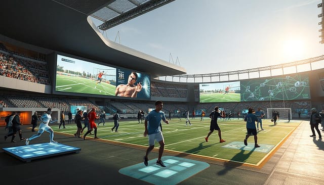 A large, open-air interactive sports zone filled with augmented reality experiences. In the foreground, life-sized AR holograms of athletes engage in various sports, their movements seamlessly blending with the physical environment. The middle ground features numerous AR display panels, projecting data visualizations, replays, and interactive game elements that fans can control with gestures. The background showcases a modern, minimalist stadium architecture with clean lines and a sense of openness, allowing the AR elements to shine. The lighting is a balanced mix of natural daylight and subtle, theatrical spotlights, creating a sense of dynamism and immersion. The overall atmosphere is one of innovation, excitement, and a deep integration of physical and digital fan experiences. A large, open-air interactive sports zone filled with augmented reality experiences. In the foreground, life-sized AR holograms of athletes engage in various sports, their movements seamlessly blending with the physical environment. The middle ground features numerous AR display panels, projecting data visualizations, replays, and interactive game elements that fans can control with gestures. The background showcases a modern, minimalist stadium architecture with clean lines and a sense of openness, allowing the AR elements to shine. The lighting is a balanced mix of natural daylight and subtle, theatrical spotlights, creating a sense of dynamism and immersion. The overall atmosphere is one of innovation, excitement, and a deep integration of physical and digital fan experiences.