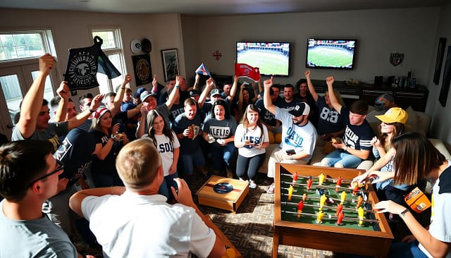 A lively gathering of sports enthusiasts engaged in a variety of fan activities. In the foreground, a group of fans animatedly cheering and waving team flags and banners under natural lighting. In the middle ground, some fans high-fiving and sharing snacks, while others playfully compete in interactive games like cornhole or table-top foosball. The background features a cozy, living room-like setting with plush sofas, team memorabilia, and a large TV screen displaying the game. The overall atmosphere is one of camaraderie, excitement, and shared passion for the sport. A lively gathering of sports enthusiasts engaged in a variety of fan activities. In the foreground, a group of fans animatedly cheering and waving team flags and banners under natural lighting. In the middle ground, some fans high-fiving and sharing snacks, while others playfully compete in interactive games like cornhole or table-top foosball. The background features a cozy, living room-like setting with plush sofas, team memorabilia, and a large TV screen displaying the game. The overall atmosphere is one of camaraderie, excitement, and shared passion for the sport.