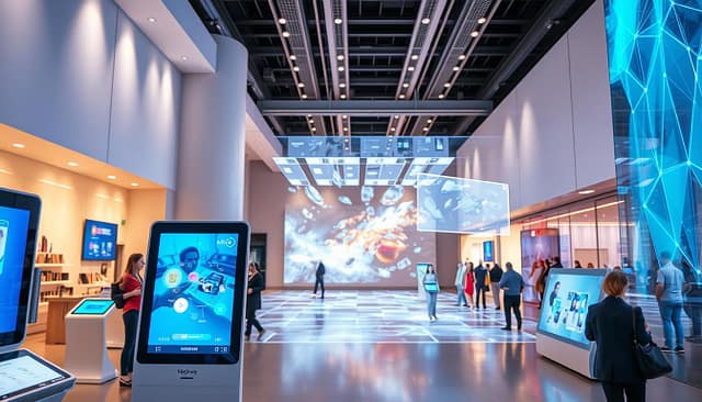 A modern, well-lit commercial space showcases various interactive technologies seamlessly integrated into the environment. In the foreground, sleek kiosks and display screens allow visitors to engage with dynamic content, while in the middle ground, augmented reality projections overlay virtual objects onto the physical space. The background features a sophisticated lighting system that creates a vibrant, immersive atmosphere, complementing the cutting-edge technological elements. The overall scene conveys a sense of innovation, connectivity, and a forward-thinking approach to enhancing the real-world experience. A modern, well-lit commercial space showcases various interactive technologies seamlessly integrated into the environment. In the foreground, sleek kiosks and display screens allow visitors to engage with dynamic content, while in the middle ground, augmented reality projections overlay virtual objects onto the physical space. The background features a sophisticated lighting system that creates a vibrant, immersive atmosphere, complementing the cutting-edge technological elements. The overall scene conveys a sense of innovation, connectivity, and a forward-thinking approach to enhancing the real-world experience.