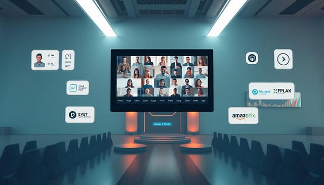 A sleek, minimalist interface showcasing various hybrid event engagement features. In the foreground, a central video conference call with diverse participants. Around it, floating interactive widgets - polls, Q&A, and virtual whiteboards. The middle ground features customizable event branding and sponsor logos. In the background, a stylized landscape with futuristic event venue architecture, bathed in warm, soft lighting. The overall mood is one of seamless digital-physical convergence, inviting attendees to fully immerse themselves in the hybrid experience. A sleek, minimalist interface showcasing various hybrid event engagement features. In the foreground, a central video conference call with diverse participants. Around it, floating interactive widgets - polls, Q&A, and virtual whiteboards. The middle ground features customizable event branding and sponsor logos. In the background, a stylized landscape with futuristic event venue architecture, bathed in warm, soft lighting. The overall mood is one of seamless digital-physical convergence, inviting attendees to fully immerse themselves in the hybrid experience.